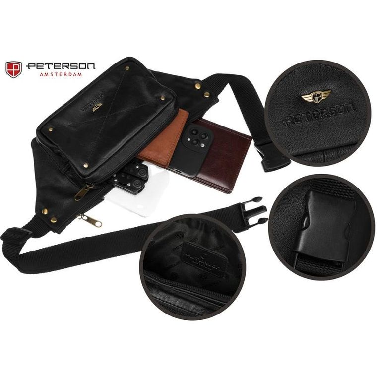 Saszetka na biodro, nerka, czarna, skórzana, Peterson