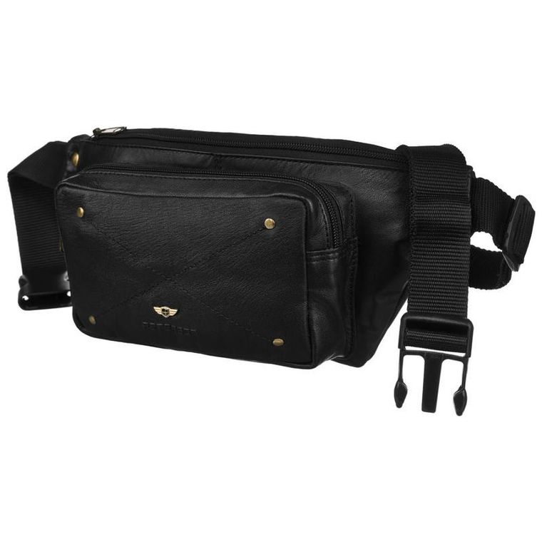 Saszetka na biodro, nerka, czarna, skórzana, Peterson