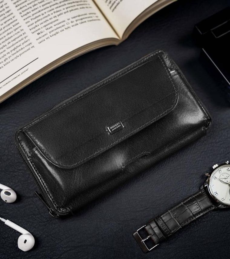 Saszetka-portfel, czarna, skórzana, RFID, Rovicky