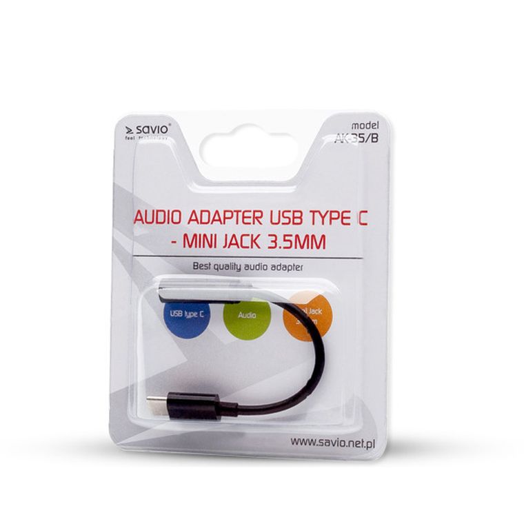 Savio, adapter, AK-35/B, gniazdo typ C, Jack Stereo 3,5 mm, 0,12m, czarny