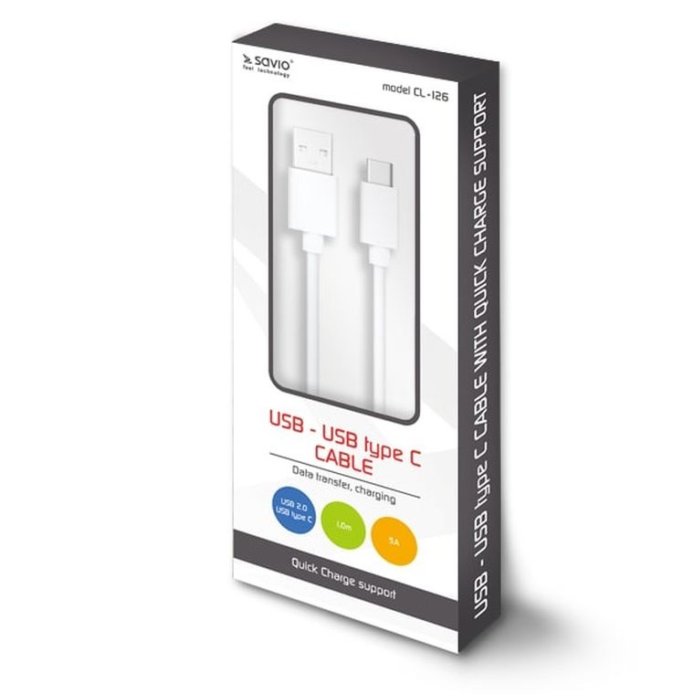 Savio, kabel, CL-126, usb typu C, usb 2.0 typu A, 1m, biały