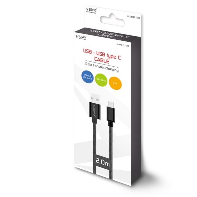 Savio, kabel USB Typu C - USB 2.0 Typu A, 2m, czarny