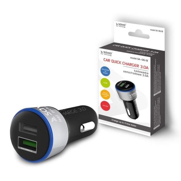 Savio, ładowarka samochodowa do smartfona, Quick Charge 3.0, SA-06/B, 2400 mA, 3000 mA, USB