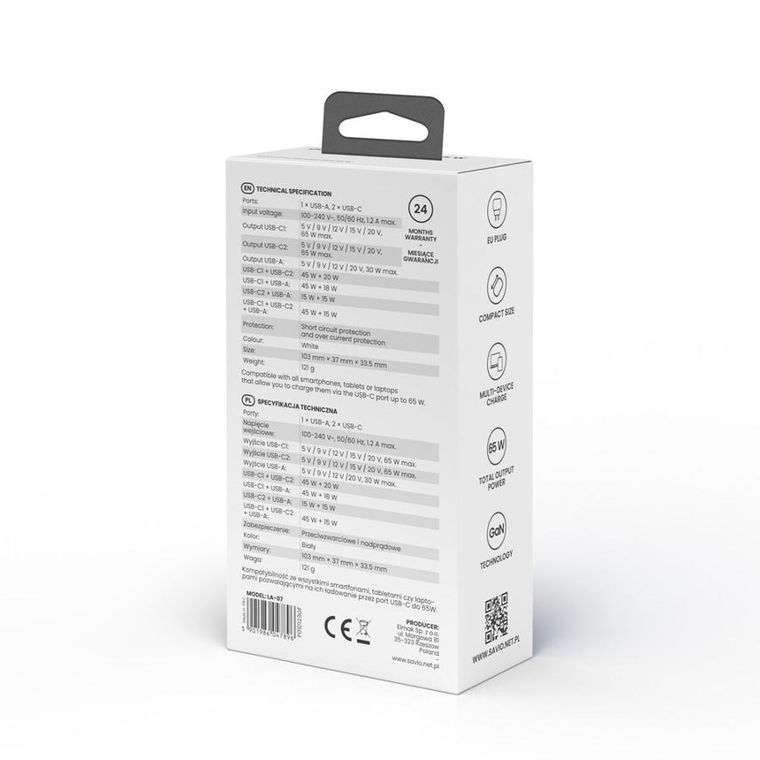 Savio Ładowarka Sieciowa Gan 65w, biała La-07