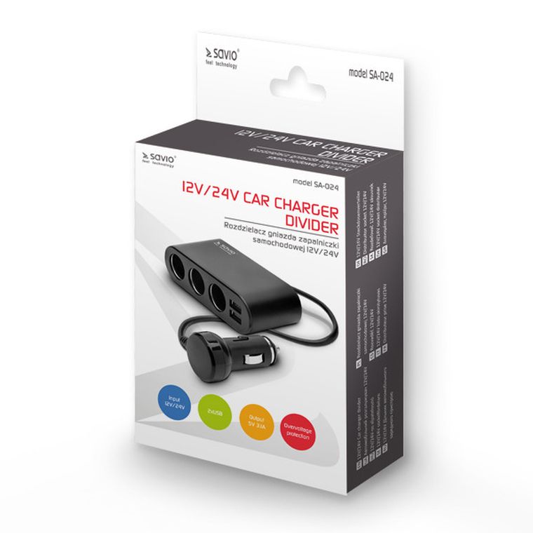 Savio, rozdzielacz samochodowy do gniazda samochodowej zapalniczki, SA-024