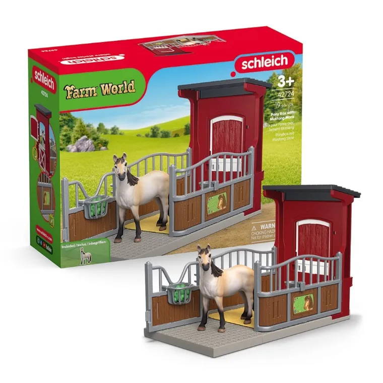 Schleich, Farm World, Boks dla kucyka z klaczą Mustanga, zestaw, 42724