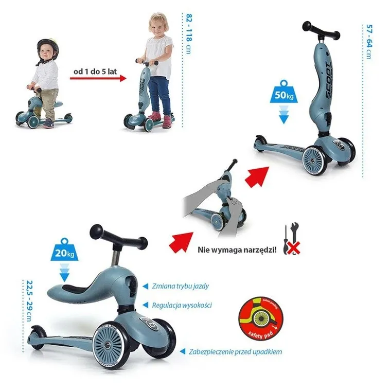 Scoot & Ride, Highwaykick 1, jeździk i hulajnoga 2w1, Steel