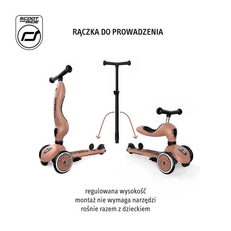Scoot & Ride, Highwaykick 1, Push and Go, jeździk i hulajnoga z rączką do prowadzenia 2w1, Mocha