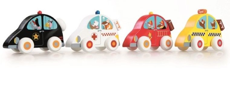 Scratch, drewniane samochody, zestaw, 4 szt.