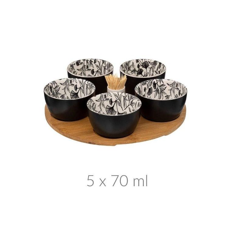 Secret de Gourmet, miseczki na przekąski, Floral, na drewnianej tacy, 5 miseczek, 70 ml