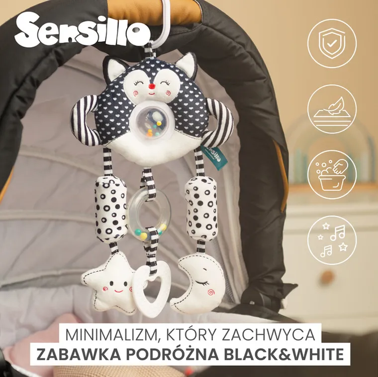 Sensillo, Black&White, zabawka podróżna, słonik