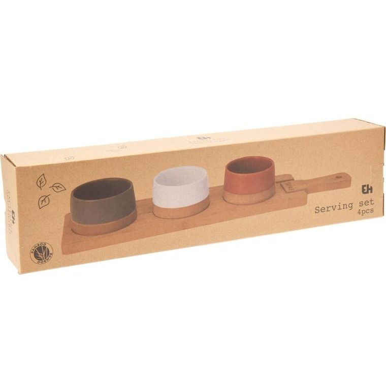 Siaki, ceramiczne miseczki do serwowania, drewniana taca