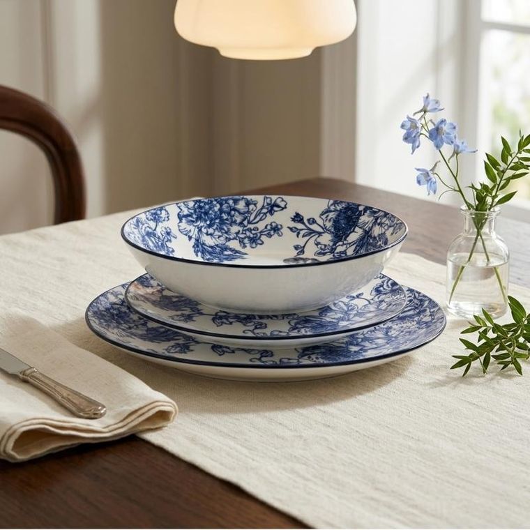 Siaki, Glamt, zestaw ozdobnych talerzy porcelanowych z nadrukiem kwiatowym, 18 elementów