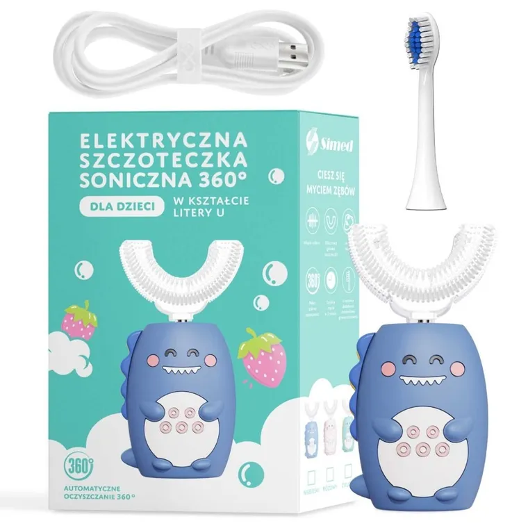 Simed, szczoteczka soniczna, U-shape, 360 + 2 końcówki, niebieska