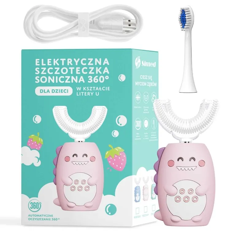 Simed, szczoteczka soniczna, U-shape, 360 + 2 końcówki, różowa