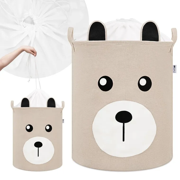 Sipo, kosz na zabawki XL, bawełniany, wodoodporny, zamykany na ściągacz, Beżowy miś
