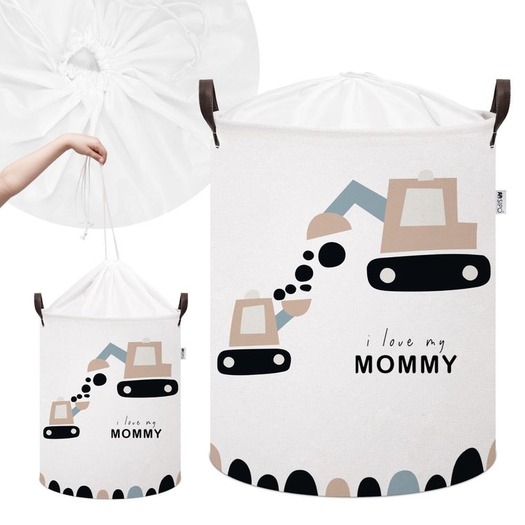 Sipo, kosz na zabawki XL, bawełniany, wodoodporny, zamykany na ściągacz, Koparki