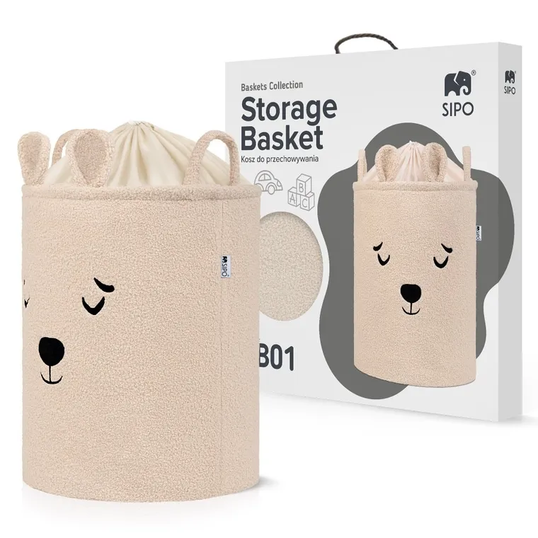 Sipo, Miś, kosz na zabawki XL, premium boucle, zamykany na ściągacz, beżowy
