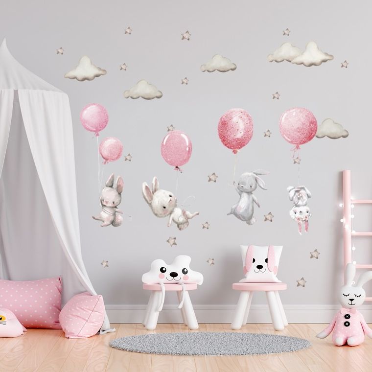 Sipo, naklejki na ścianę do pokoju dziecięcego, Króliczki i różowe balony