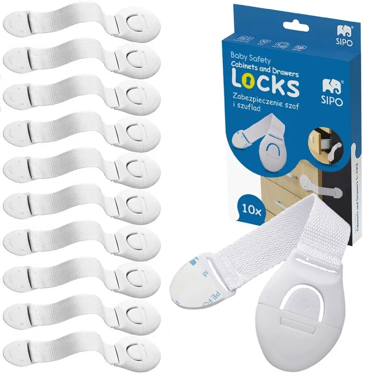 Sipo, zestaw zabezpieczeń do szaf i szuflad z paskiem elastycznym na zatrzask, 10 szt.