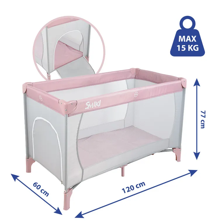 Smiki, łóżeczko turystyczne, szaro-różowe