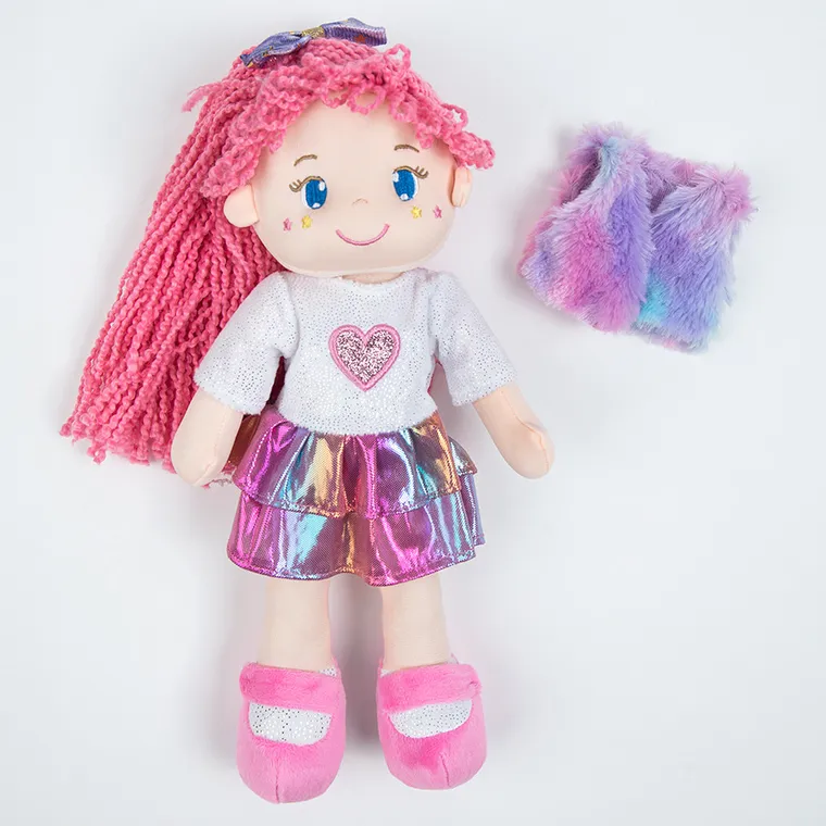 Smiki, szmaciana lalka w sukience i kamizelce, różowe włosy