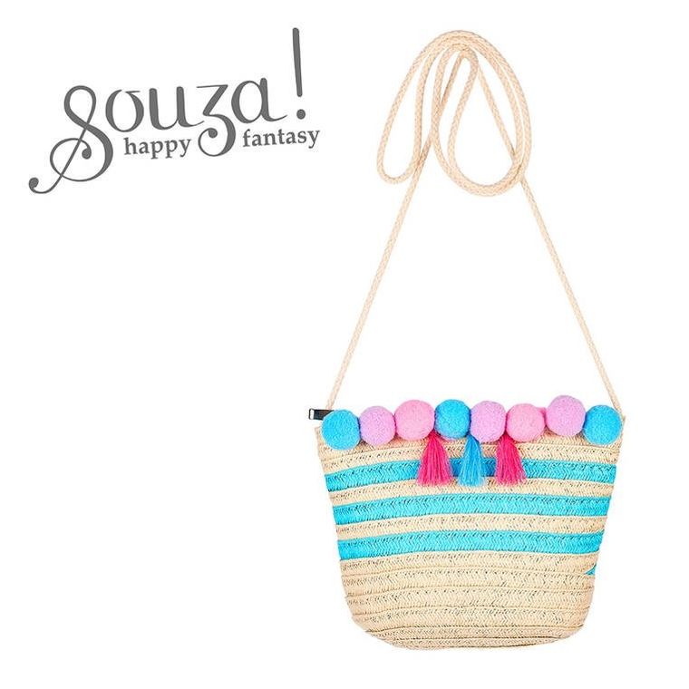 Souza! Alaia, torebka dla dzieci, słomkowa w paski, pompony i chwosty
