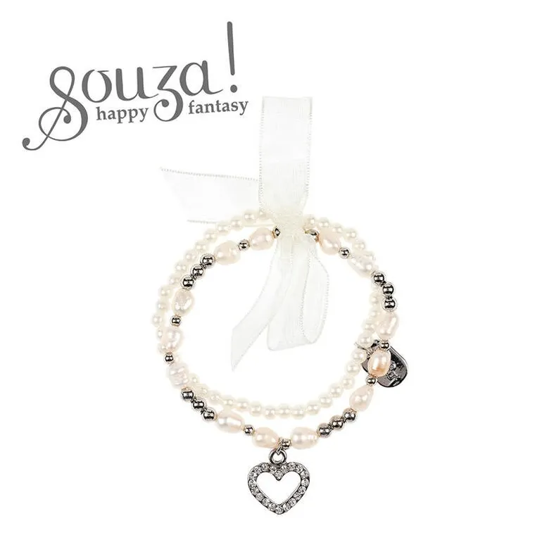 Souza! Bliss, potrójna bransoletka z perełkami i serduszkiem, biało-srebrna