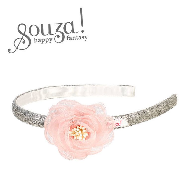 Souza! Hiske, opaska z tiulowym, różowym kwiatkiem, srebrna