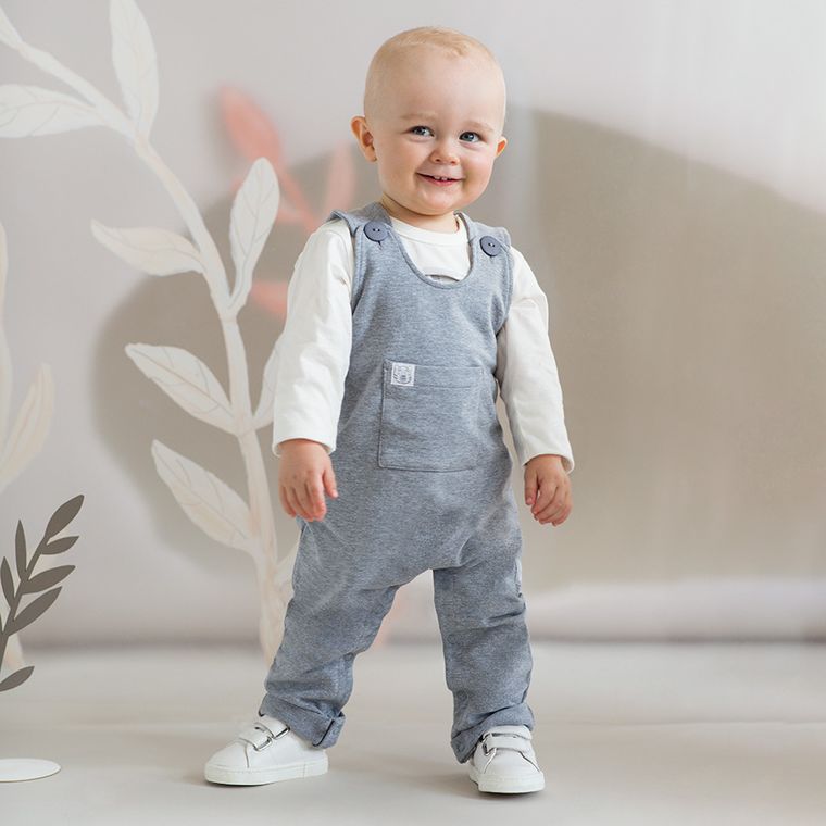 Spodnie ogrodniczki niemowlęce, szare, Pinokio