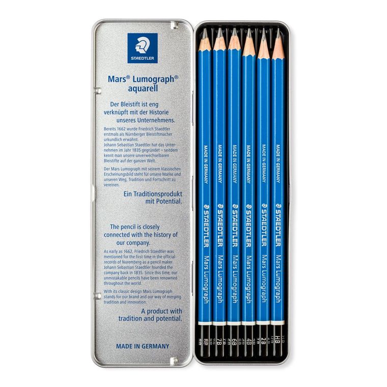 Staedtler, ołówek sześciokątny, Mars Lumograph, 8b do b, 6 szt., metalowe pudełko