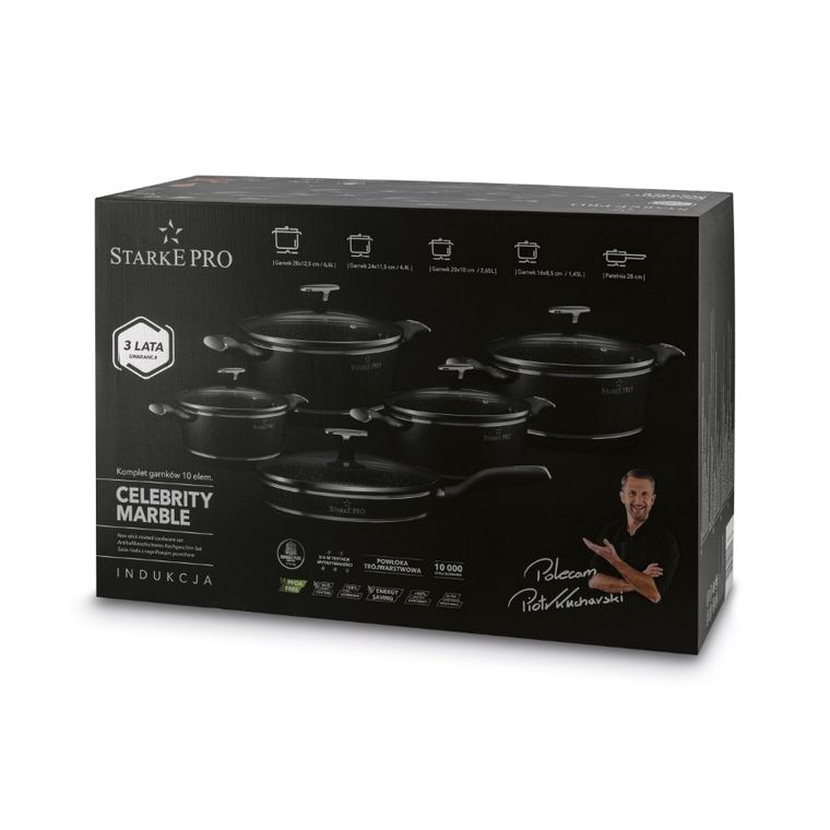 Starke Pro, Celebrity Marble, zestaw garnków z pokrywką i patelnią, 10 elementów