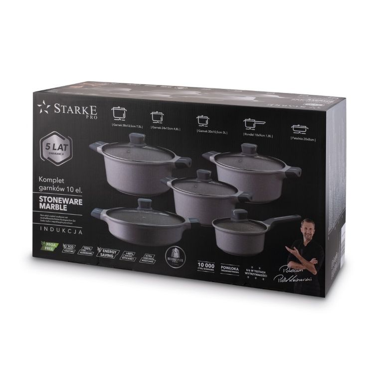 Starke Pro, Stoneware Marble, zestaw garnków z pokrywką i patelnia, 10 elementów