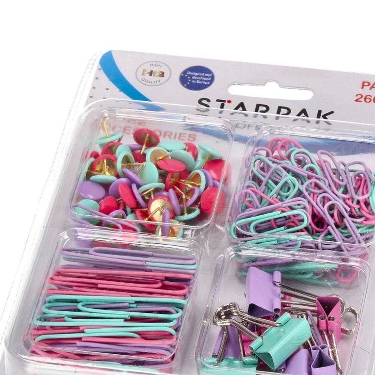 Starpak, akcesoria biurowe, zawieszki, kołki tablicowe, pineski, spinacze, magnesy, pastelowe, 260 szt.