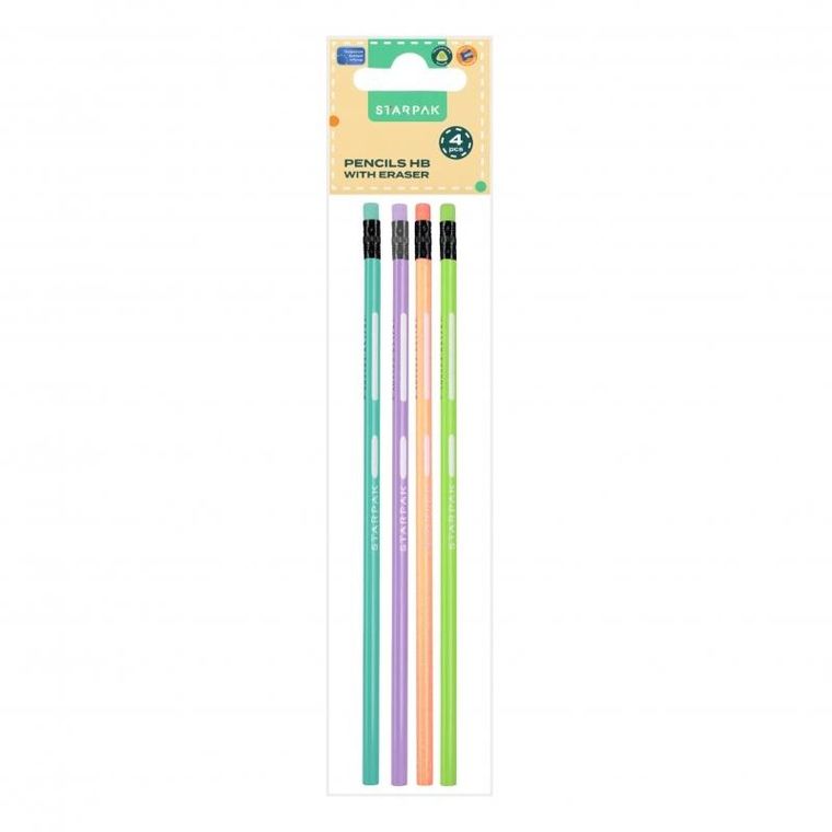 Starpak, ołówek HB z gumką, trójkątny, pastelowy, 4 szt.
