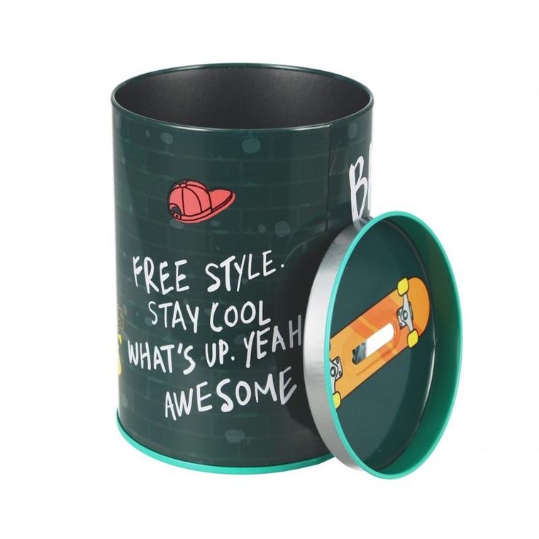 Starpak, skarbonka metalowa, okrągła, Skate Dino