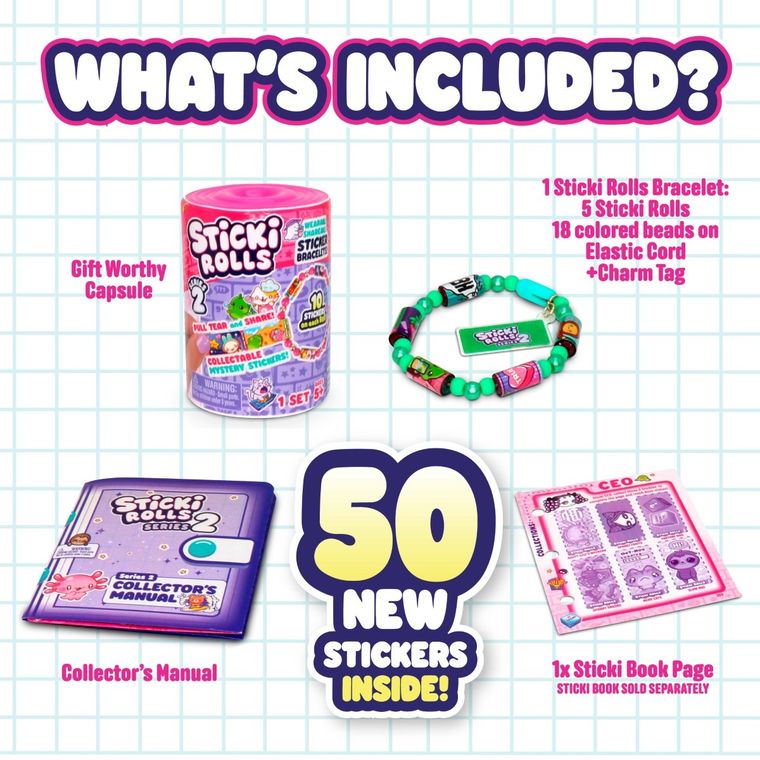 Sticki Rolls, Bransoletki z rolkami, kapsuła z naklejkami kolekcjonerskimi, 50 elementów