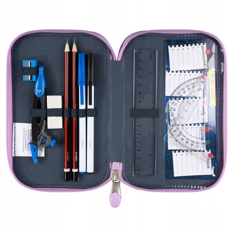 St.Right, piórnik rozkładany, potrójny, z wyposażeniem, Pink Butterflies