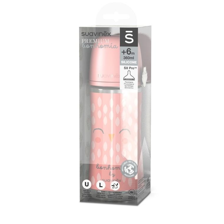 Suavinex, Bonhomia, Sowa, butelka ze smoczkiem SX Pro, szybki przepływ, róż, 360 ml