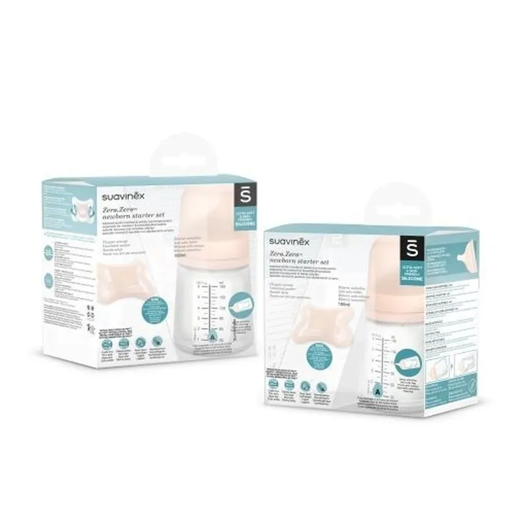 Suavinex, Zero Zero, zestaw startowy z butelką, przepływ adaptacyjny, 180 ml, 0-2m