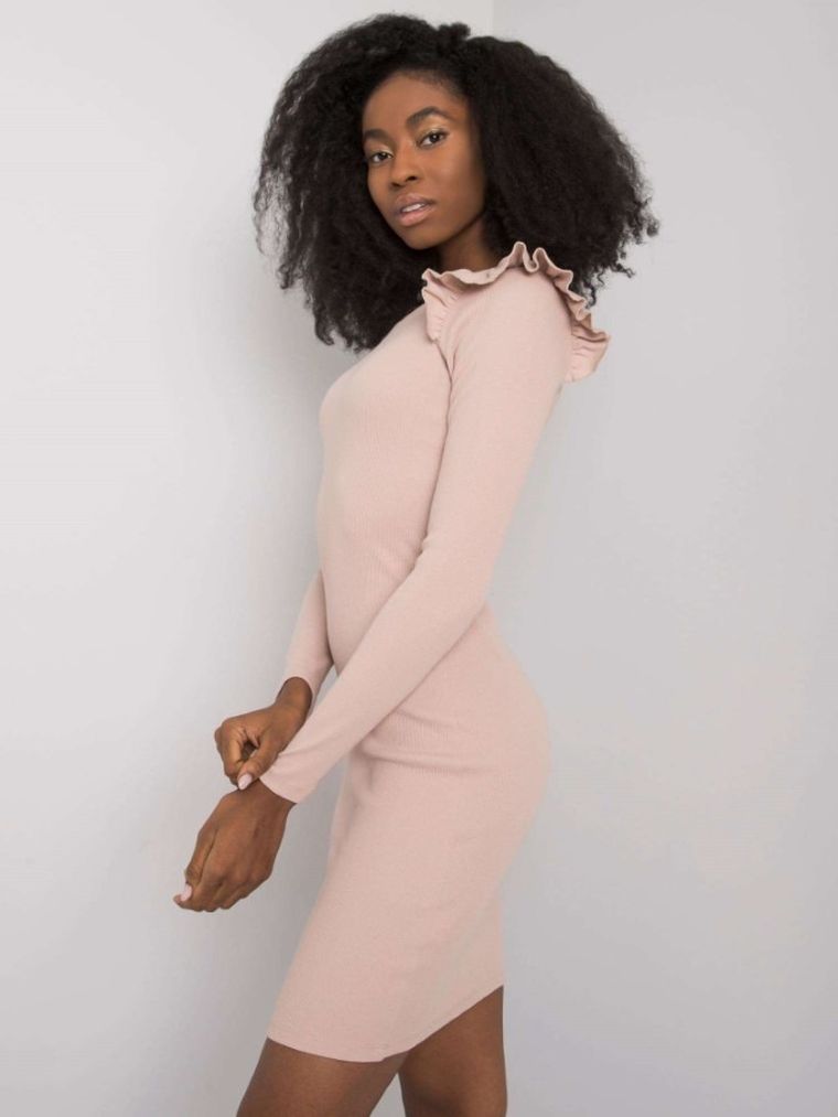 Sukienka damska, prążkowana, beżowa, Rue Paris