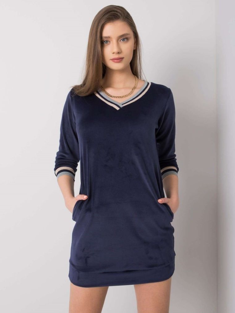 Sukienka damska, welurowa, granatowa, Rue Paris