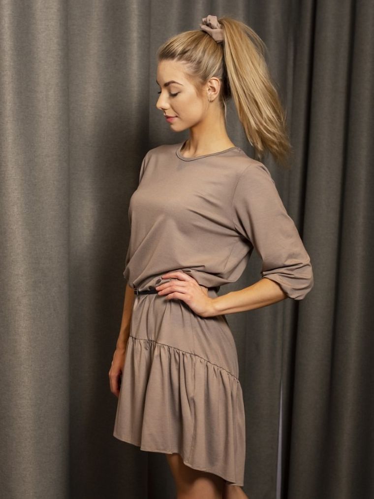 Sukienka damska z rękawem 3/4, jasnobrązowa, Ilunari