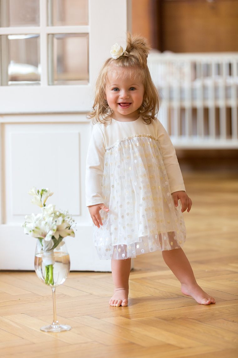 Sukienka dziewczęca z długim rękawem, ecru, tiulowa, Eevi