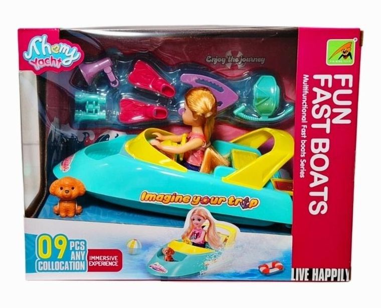 Swede, lalka na motorówce, zestaw z akcesoriami