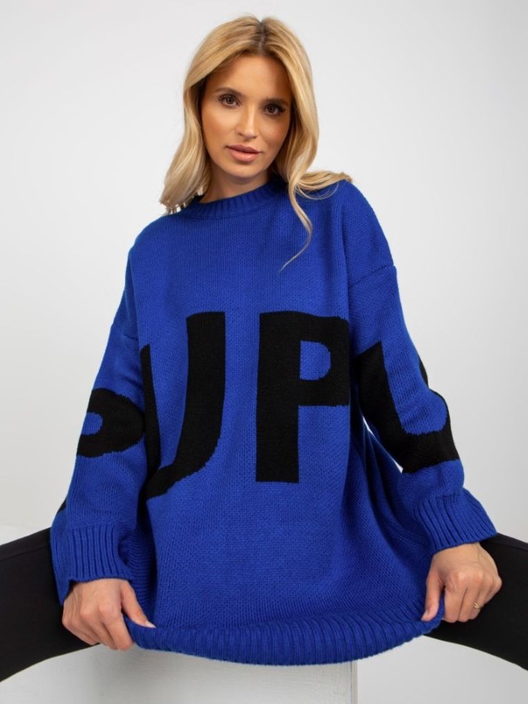 Sweter damski z wełną, oversize, niebieski, Rue Paris