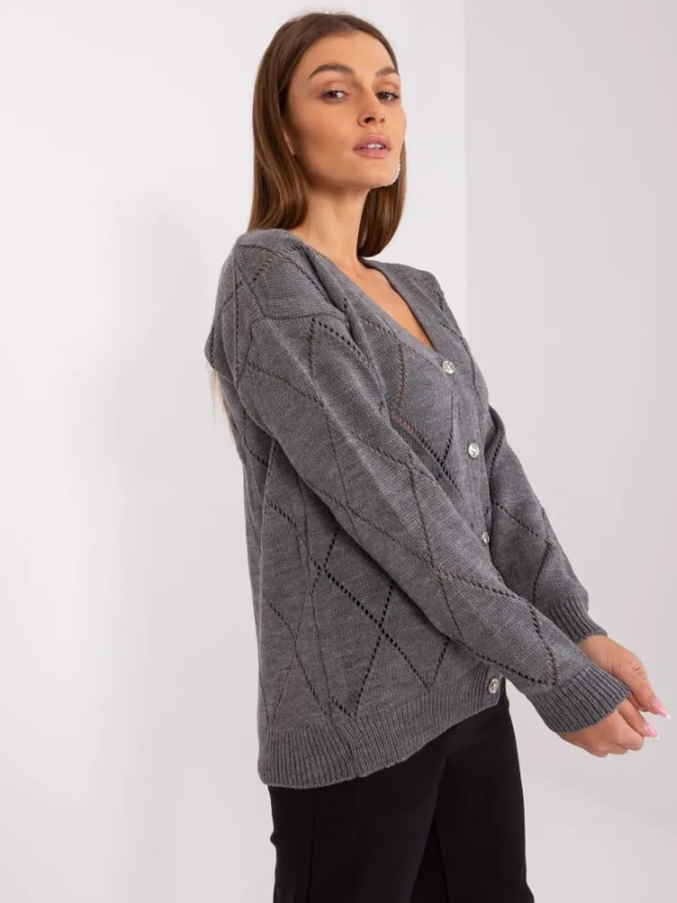 Sweter damski z wełną, rozpinany, szary, Rue Paris
