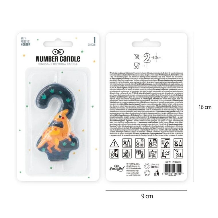 Świeczka, cyfra 2, dinozaur