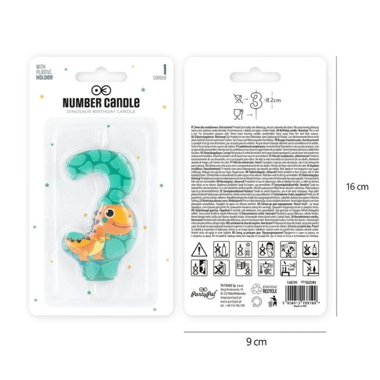 Świeczka, cyfra 3, dinozaur