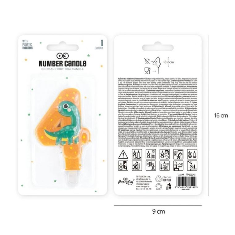 Świeczka, cyfra 4, dinozaur